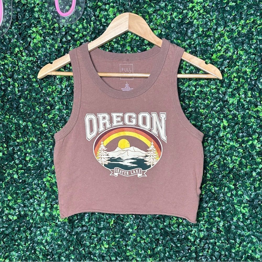 Full Tilt Oregon Crater Lake Cropped Sleeveless Tan Graphic Tee Top Sz L